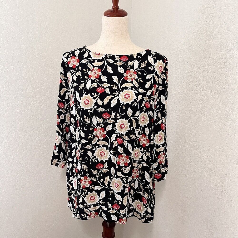 J Jill Womens Floral Blouse Size Large 3/4 Sleeve Lightweight Rayon Boat Neck
